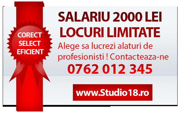 Salariu fix 2000 LEI + comision vanzari.Aplica  http://www.studio18.ro