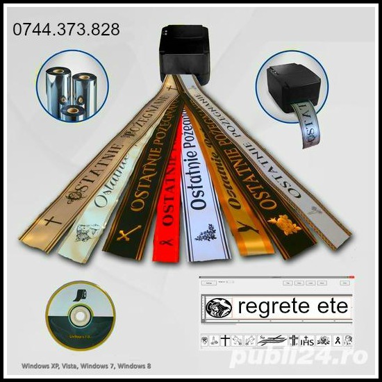 Masina printat panglici funerare, florale, marturii nunti, cocarde, petreceri, evenimente sportive, impodobit masini,cadouri, etc.