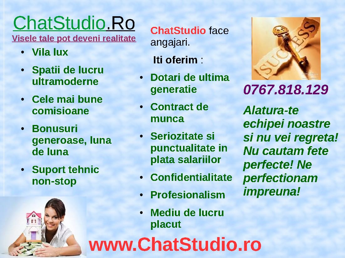 Salariu fix 3.000 LEI plus comision. Aplica pe ChatStudio.ro