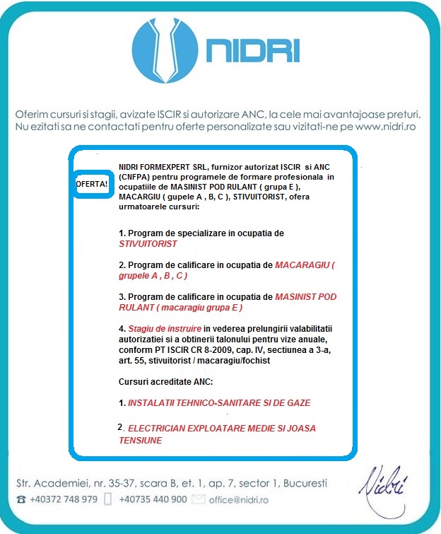 Cursuri:stivuitorist,macaragiu,electrician,instalator