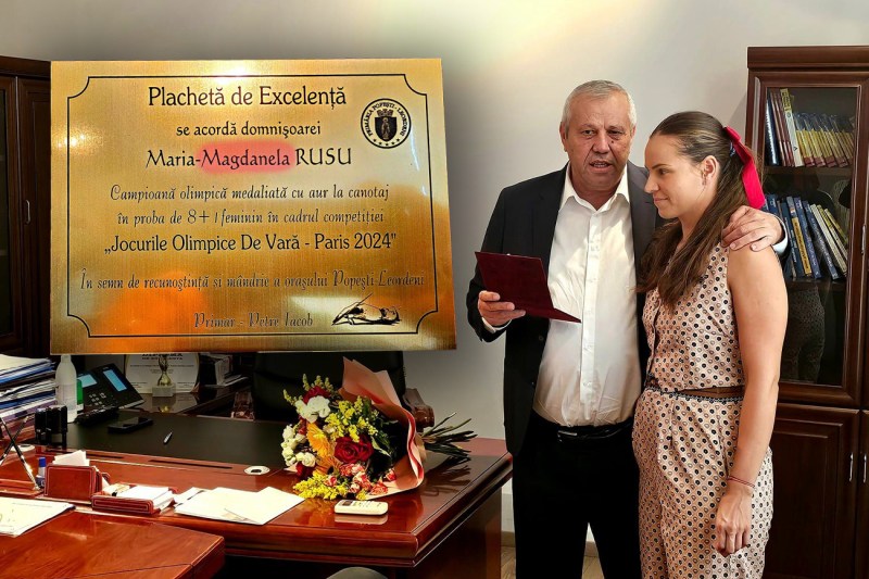 Primarul din Popești-Leordeni a premiat o canotoare care a câștigat aurul olimpic la Paris, dar i-a greșit numele pe plachetă
