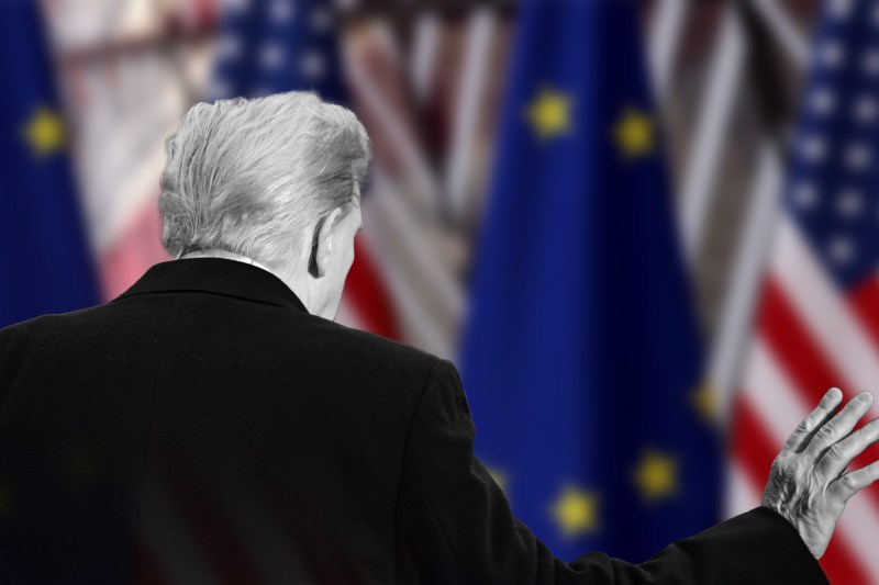 Donald Trump și steagurile UE și SUA. Colaj: Ion Mateș / Hotnews. Foto: Profimedia