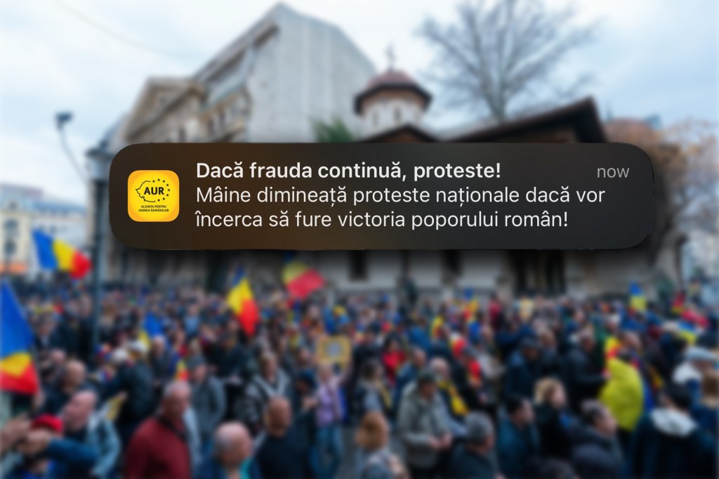 Mesajul trimis membrilor AUR din secțiile de vot. Foto fundal: Inquam Photos / Pană Tudor