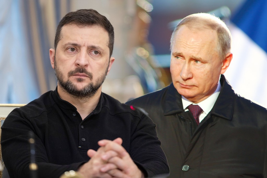 Volodimir Zelenski și Vladimir Putin. Colaj: Ion Mateș / Hotnews. Foto: Profimedia, Shutterstock