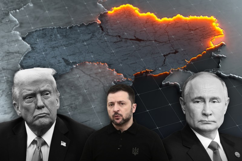 Președinții Donald Trump, Volodimir Zelenski și Vladimir Putin. Colaj: Ion Mateș / Hotnews. Foto: Profimedia, Shutterstock