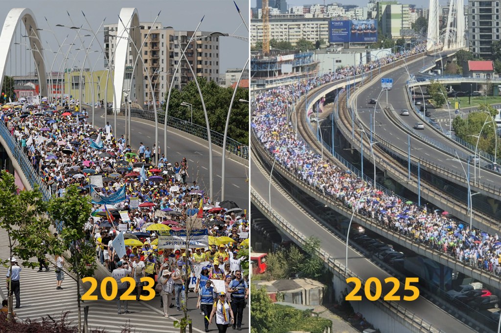 Protestele profesorilor, Podul Basarab în 2023 (Inquam Photos / Octav Ganea) și 2025 (Ramona Ciobanu / Hotnews)