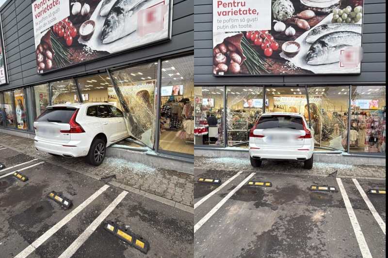 VIDEO O șoferiță a intrat cu mașina în geamurile unui magazin Pepco, în parcarea unui supermarket din Brăila
