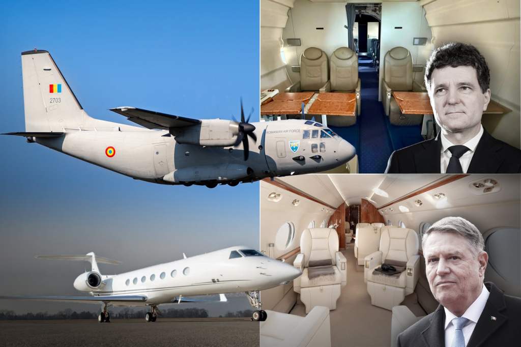 Sus: Avionul Spartan C-27J cu care a zburat Nicușor Dan. Jos: avionul Gulfstream G550 cu care a zburat Klaus Iohannis. Surse foto: Dreamstime. Inquam Photos, BoardingPass. Colaj: Ion Mateș / Hotnews