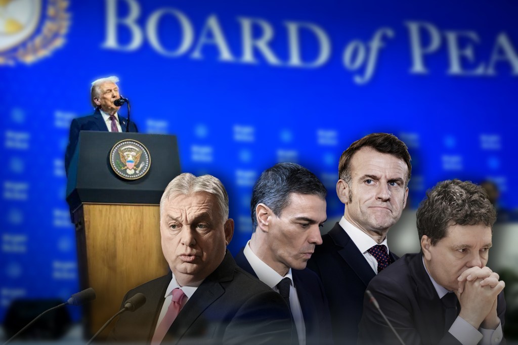 Stânga: Donald Trump, președintele american, Viktor Orban, premierul ungar, Pedro Sánchez, premierul spaniol, Emmanuel Macron, președintele francez și Nicușor Dan, Președintele României. Surse foto: Inquam Photos, Profimedia. Colaj: Ion Mateș / HotNews
