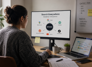 Specialistă în marketing digital lucrează la o strategie Search Everywhere, integrând SEO, social media și AI pentru vizibilitatea brandului.