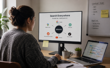 Specialistă în marketing digital lucrează la o strategie Search Everywhere, integrând SEO, social media și AI pentru vizibilitatea brandului.