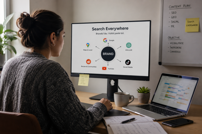 Specialistă în marketing digital lucrează la o strategie Search Everywhere, integrând SEO, social media și AI pentru vizibilitatea brandului.