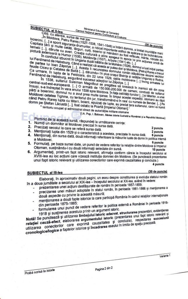 Subiecte istorie bac 2025