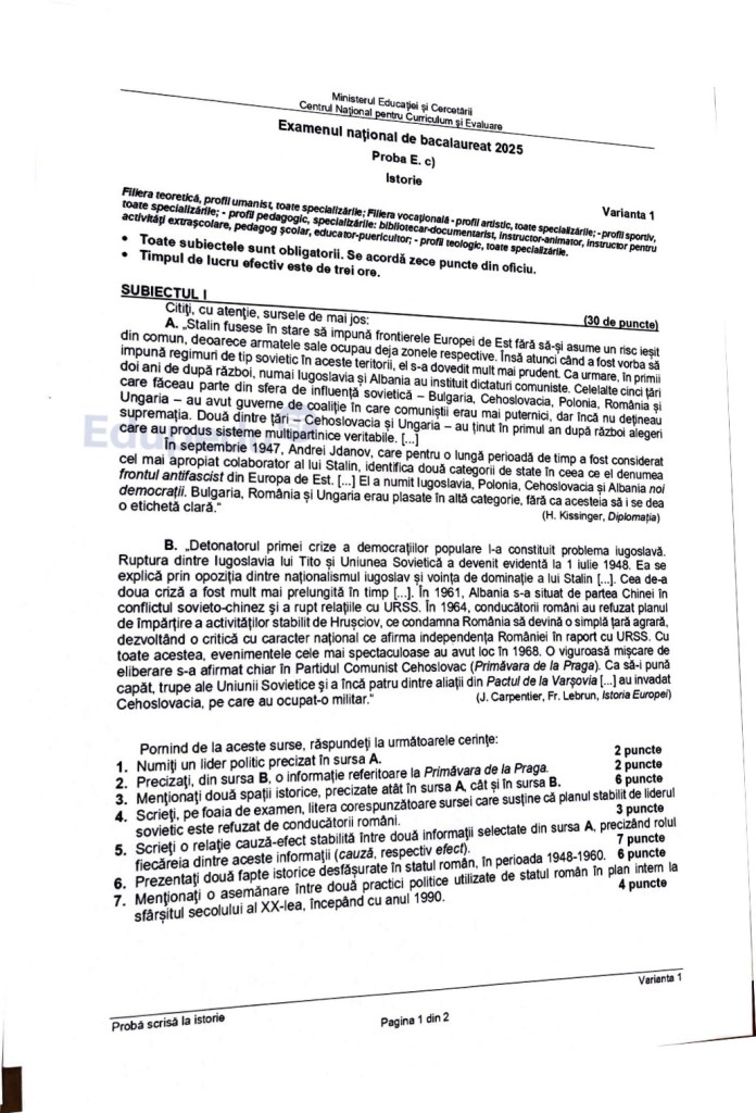Subiecte istorie bac 2025