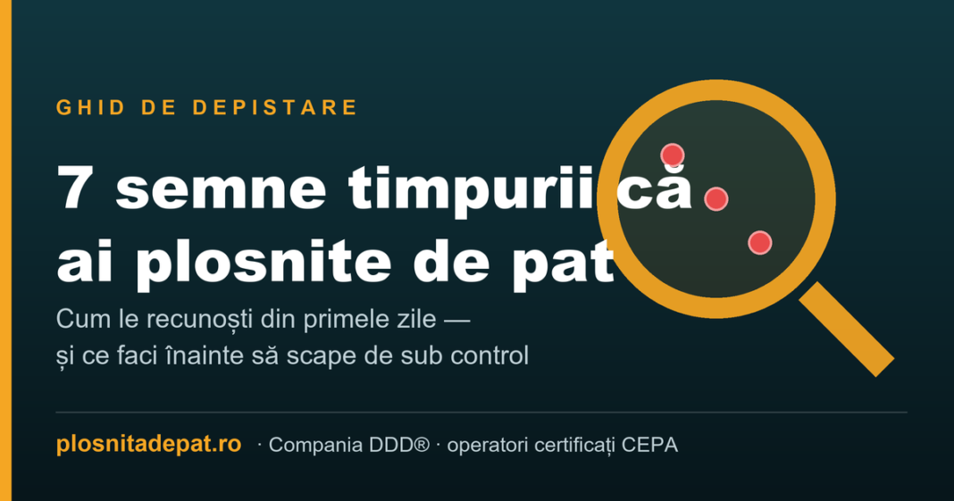Lupă care evidențiază mușcăturile aliniate, semn timpuriu de plosnite de pat